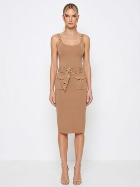 NY&Co 7th Avenue Belted Midi Skirt & Tank Set Camel/Tan Gold Ring Hardware - XS